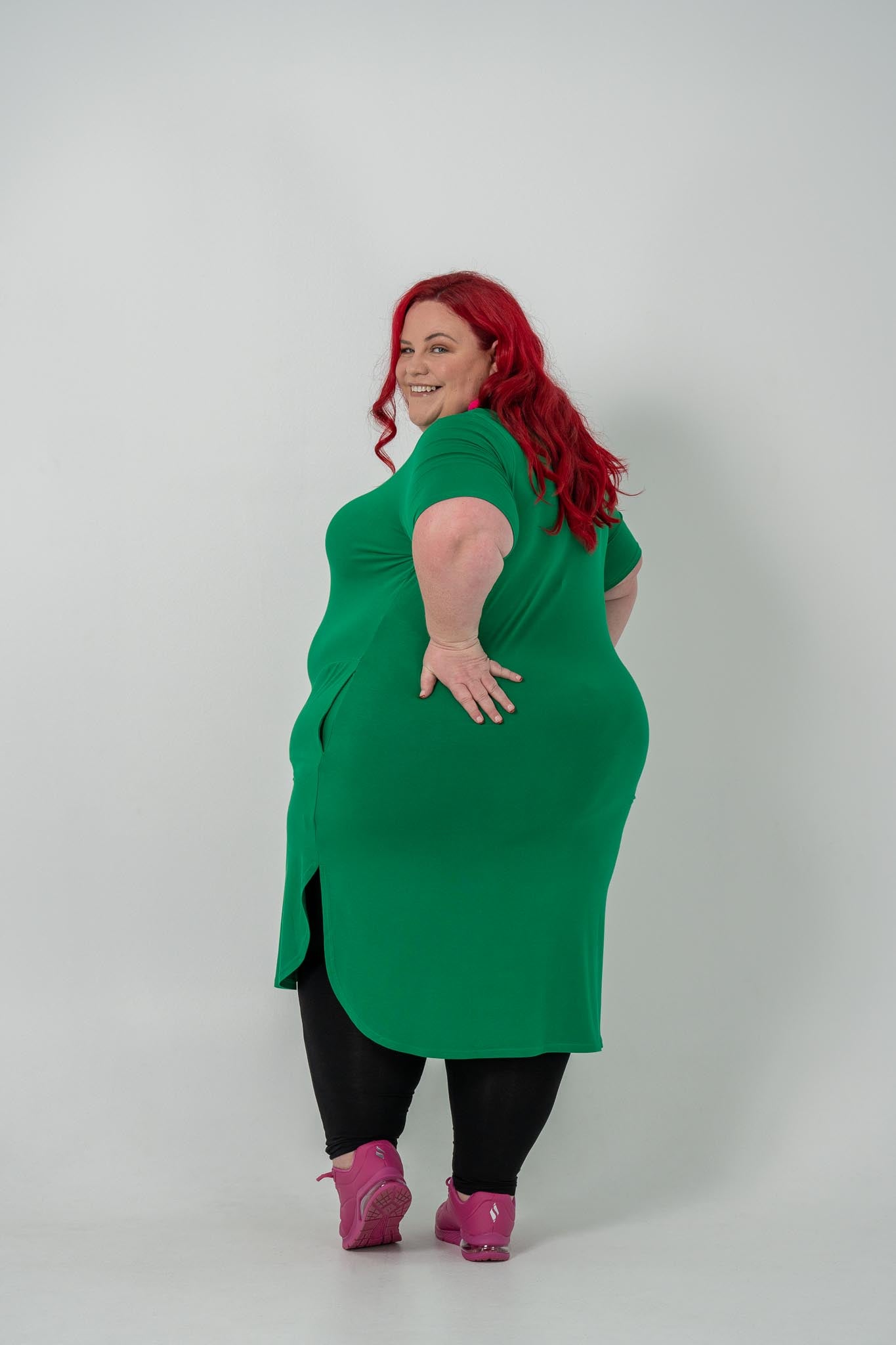 Plus size 'Alana' T-shirt dress in green, featuring a lightweight and breathable design for everyday comfort and classic style.