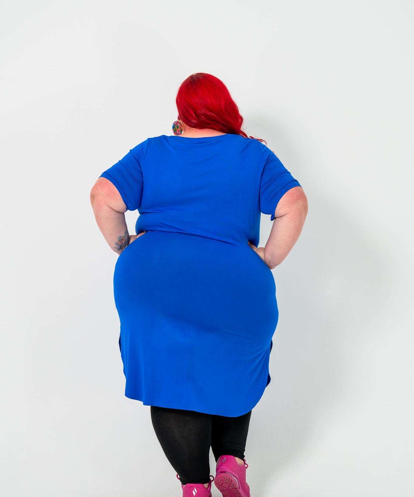 Plus size 'ALANA' T-Shirt dress in cobalt blue, perfect for any season and suitable for casual day or night wear, layered with kimonos or an 'AVA' black cord jacket.