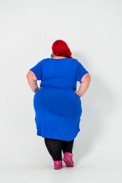 Plus size 'ALANA' T-Shirt dress in cobalt blue, perfect for any season and suitable for casual day or night wear, layered with kimonos or an 'AVA' black cord jacket.