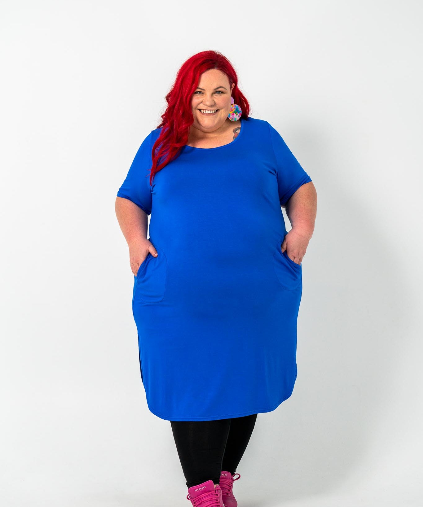 Plus size 'ALANA' T-Shirt dress in cobalt blue, perfect for any season and suitable for casual day or night wear, layered with kimonos or an 'AVA' black cord jacket.