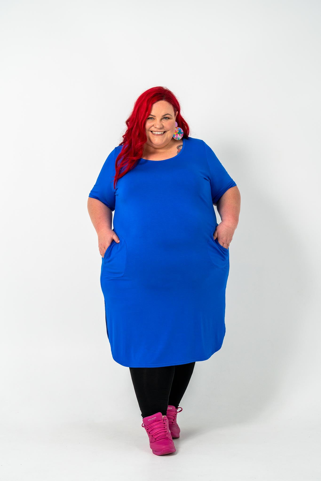 Plus size 'ALANA' T-Shirt dress in cobalt blue, perfect for any season and suitable for casual day or night wear, layered with kimonos or an 'AVA' black cord jacket.