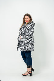 ZEBRA Trench Coat: Plus size, breathable polyester shell, soft bamboo lining, eye-catching zebra pattern.