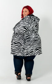 ZEBRA Trench Coat: Plus size, breathable polyester shell, soft bamboo lining, eye-catching zebra pattern.