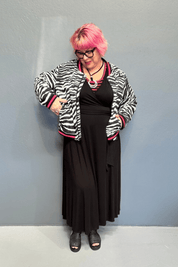 Trendy plus size bomber jacket with bamboo lining, rainproof fabric, cuff detailing, and sequined flamingos on the back.