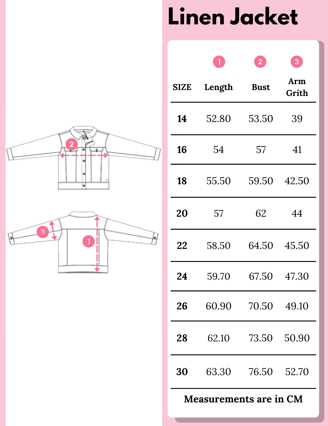 Franki Linen Jacket Size Chart
