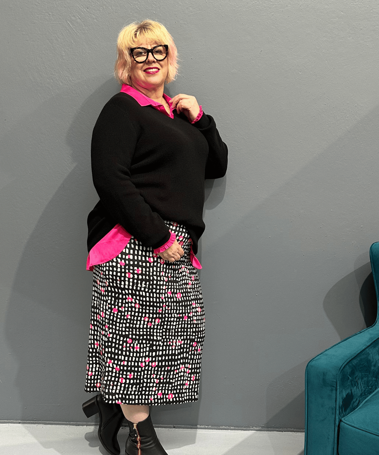 Plus size 'Charli' Jersey Rayon Skirt featuring a spotted dash print, perfect for both office and casual wear - Pink Spotted Dash.