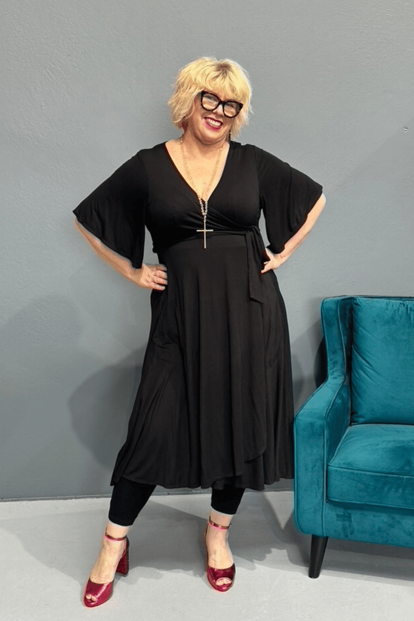  'Goddess' bamboo jersey wrap dress for plus-size women, designed for curvy bodies with a flattering drape.