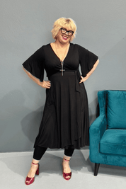  'Goddess' bamboo jersey wrap dress for plus-size women, designed for curvy bodies with a flattering drape.