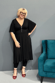  'Goddess' bamboo jersey wrap dress for plus-size women, designed for curvy bodies with a flattering drape.