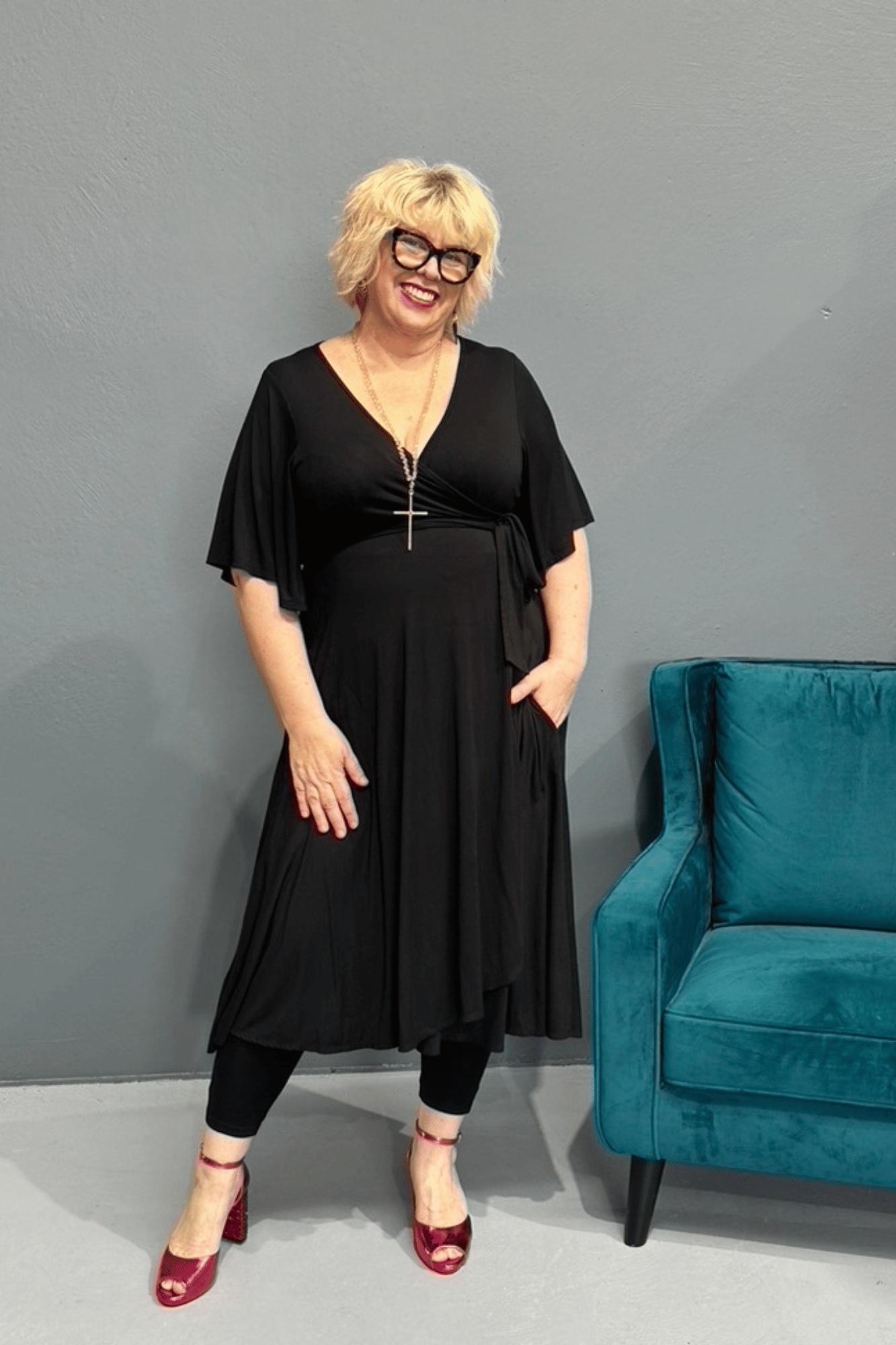  'Goddess' bamboo jersey wrap dress for plus-size women, designed for curvy bodies with a flattering drape.