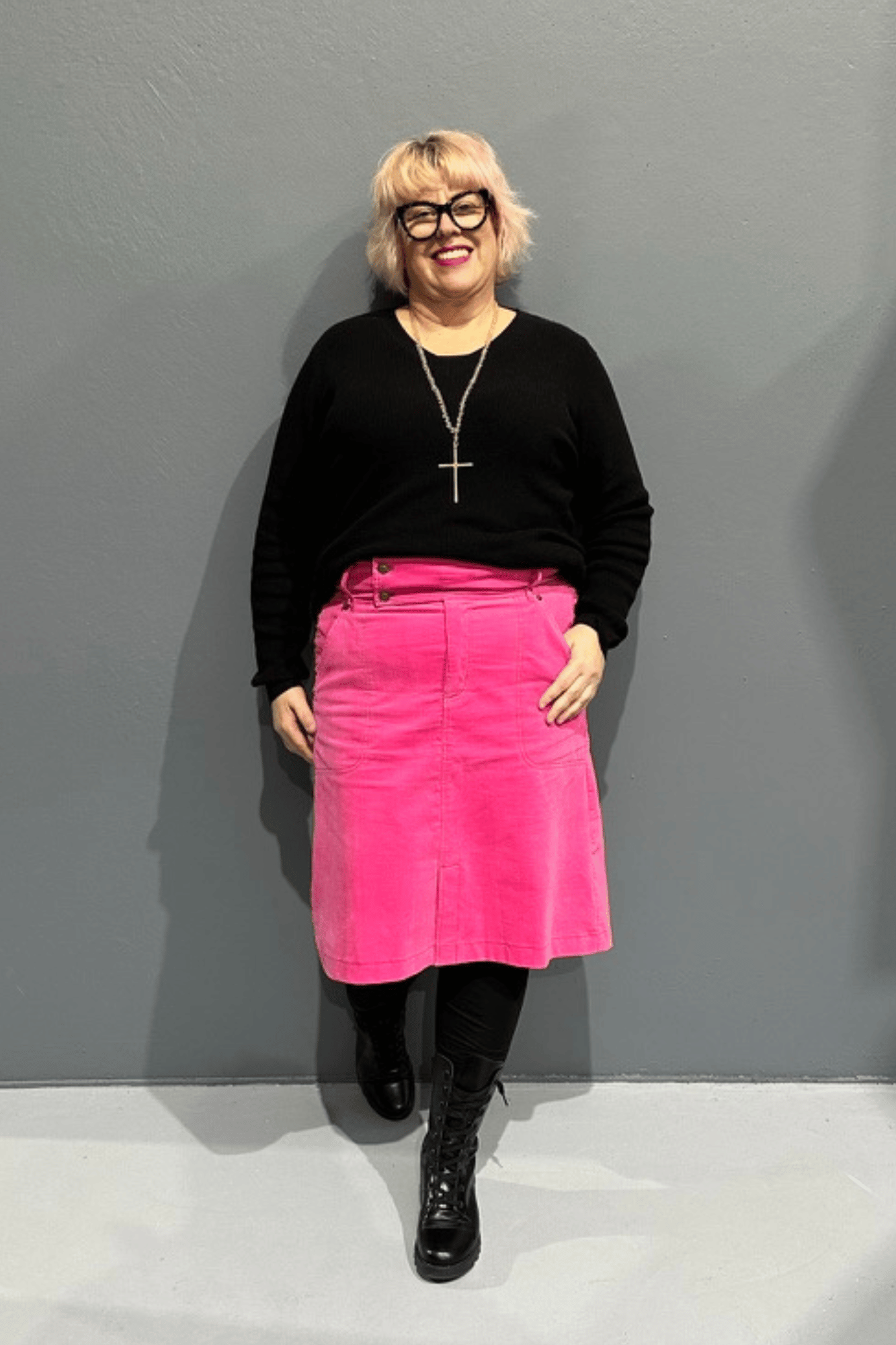 ‘Grace’ cord skirts with a high waist, designed for plus-size women, perfect for pairing with leggings or casual footwear.