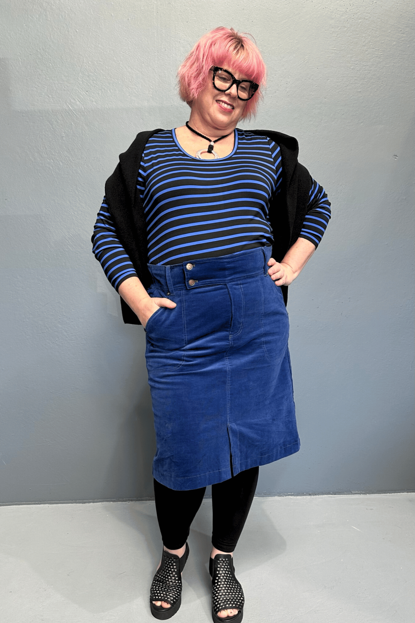 New cord skirts with a high waist, designed for plus-size women, offering style and comfort.