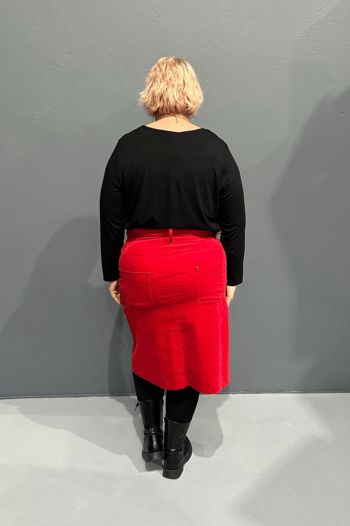 ‘Grace’ cord skirts with a high waist, providing comfort for plus-size women, perfect for winter or warmer weather outfits.