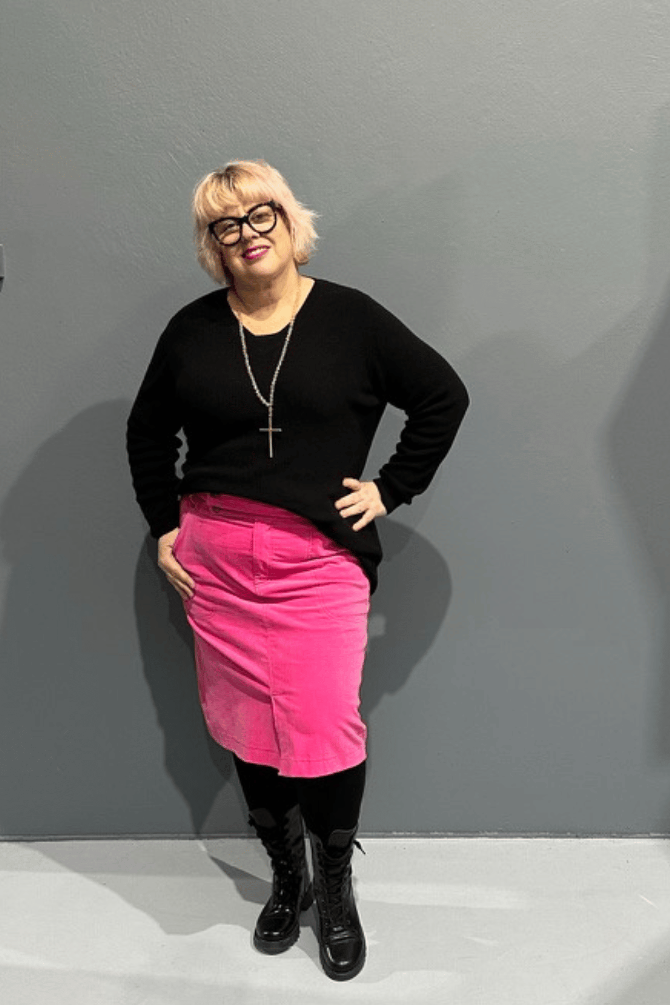 ‘Grace’ cord skirts with a high waist, designed for plus-size women, perfect for pairing with leggings or casual footwear.