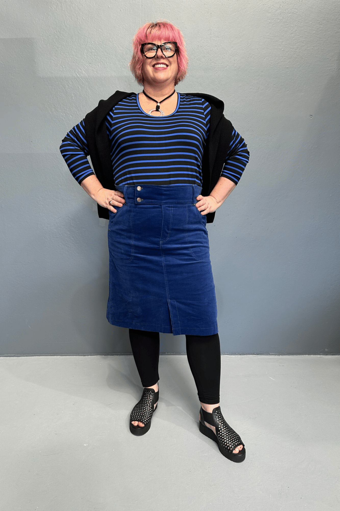 New cord skirts with a high waist, designed for plus-size women, offering style and comfort.