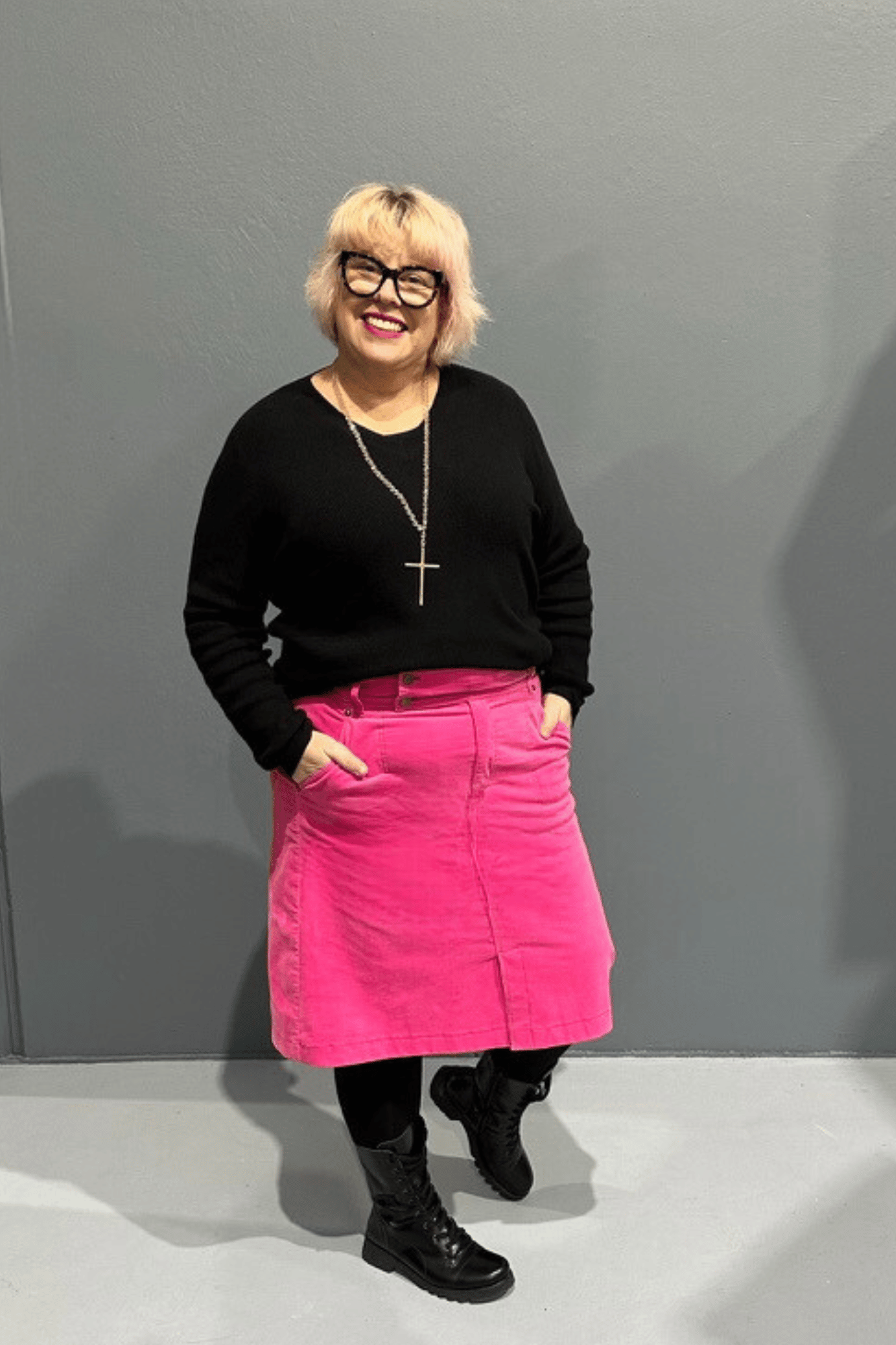 ‘Grace’ cord skirts with a high waist, designed for plus-size women, perfect for pairing with leggings or casual footwear.