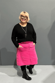 ‘Grace’ cord skirts with a high waist, designed for plus-size women, perfect for pairing with leggings or casual footwear.