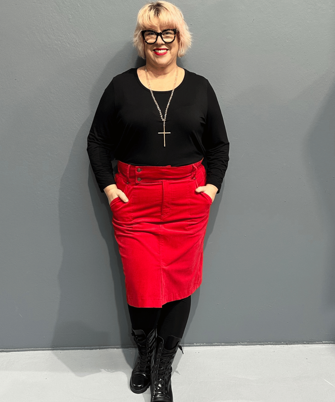 ‘Grace’ cord skirts with a high waist, providing comfort for plus-size women, perfect for winter or warmer weather outfits.