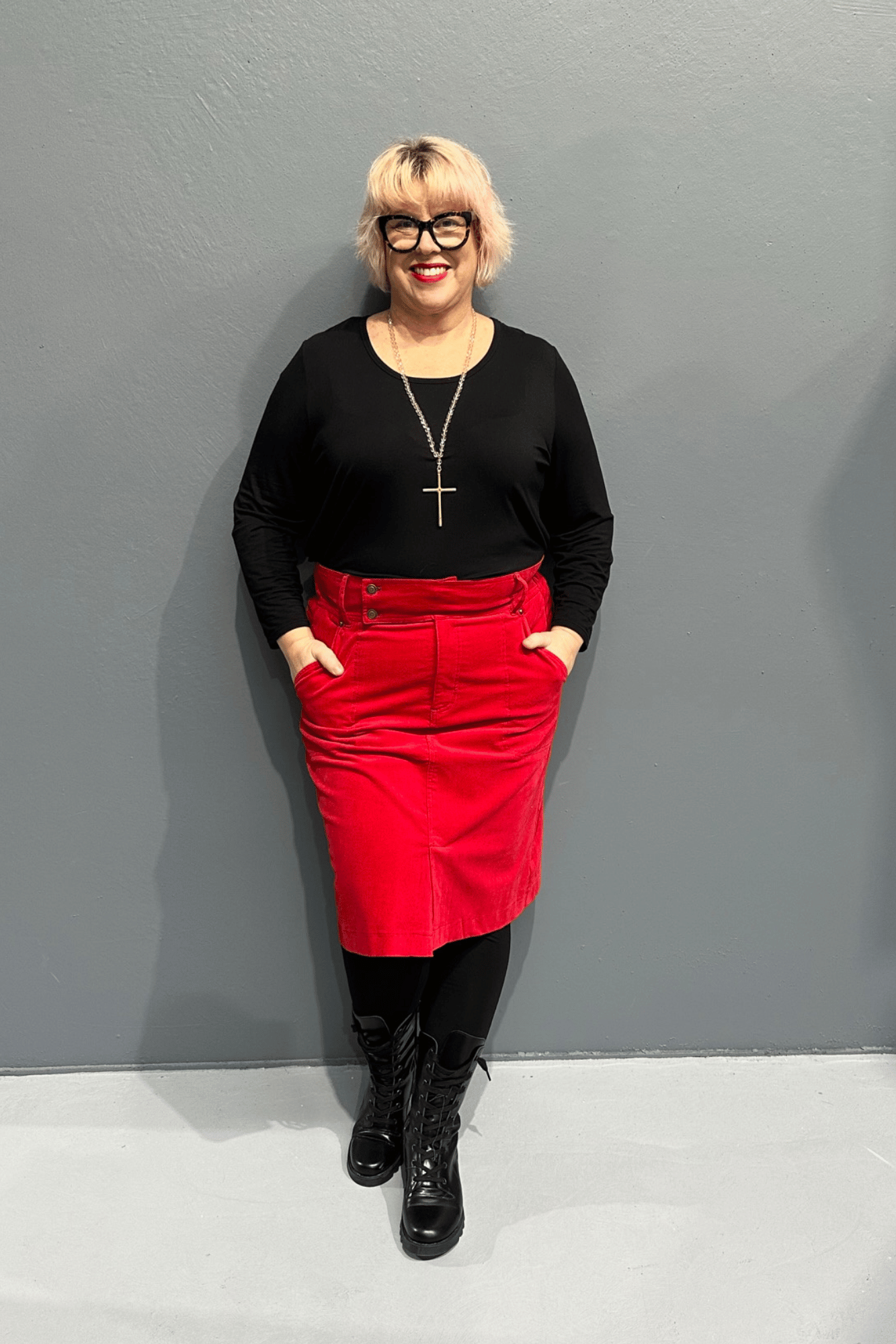 ‘Grace’ cord skirts with a high waist, providing comfort for plus-size women, perfect for winter or warmer weather outfits.