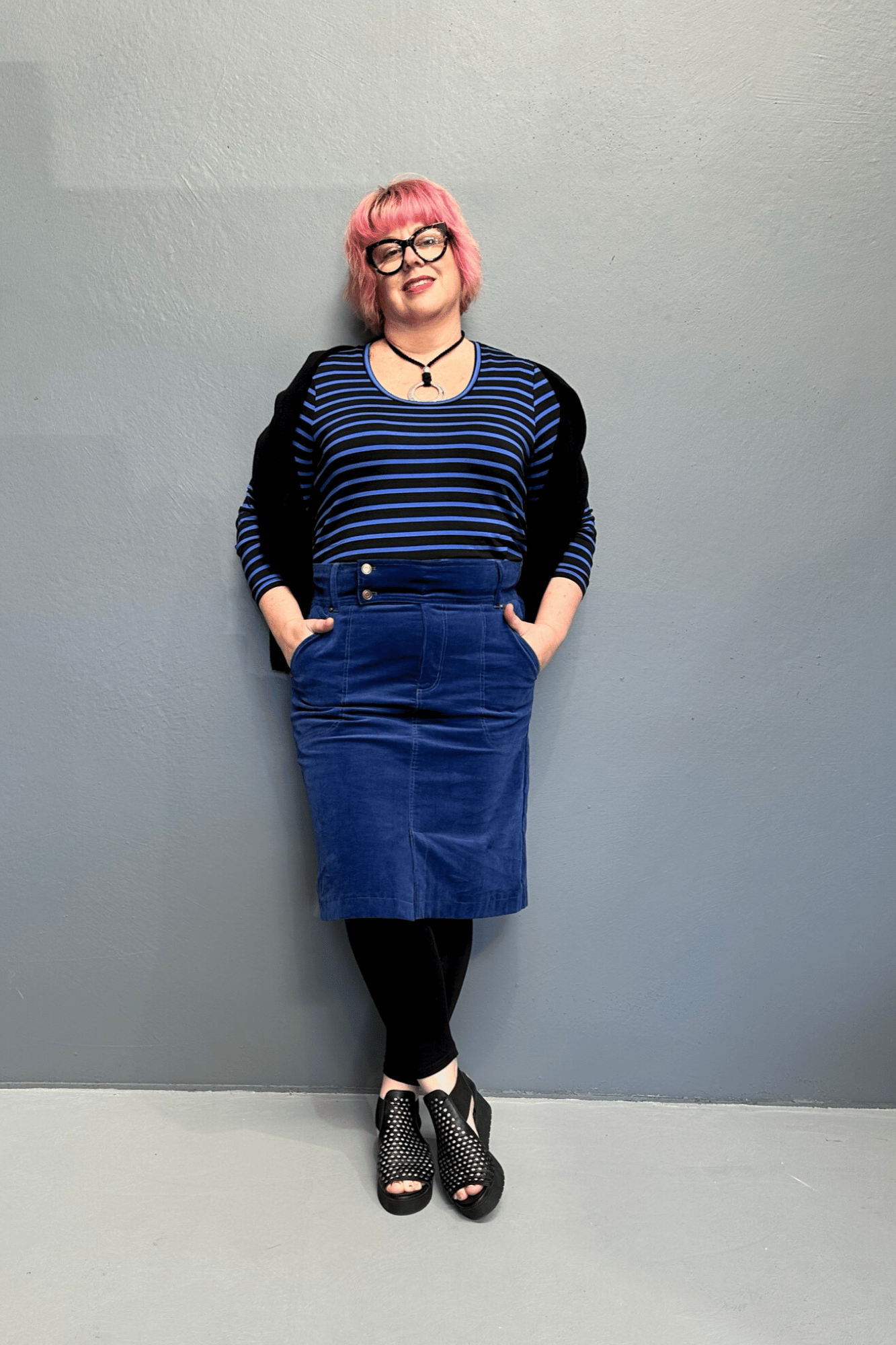 New cord skirts with a high waist, designed for plus-size women, offering style and comfort.