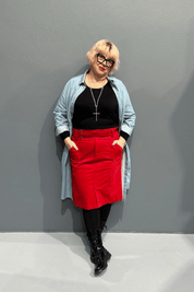 ‘Grace’ cord skirts with a high waist, providing comfort for plus-size women, perfect for winter or warmer weather outfits.