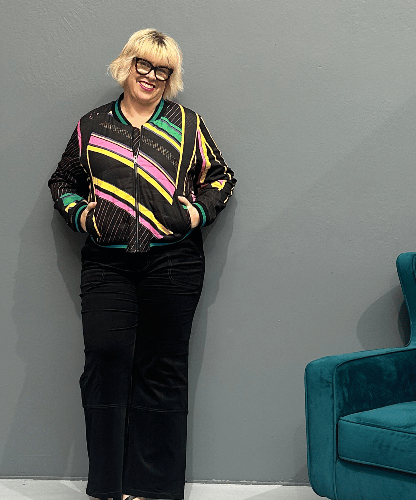 Retro 'HEART' bomber jacket with emerald sequinned heart, bamboo lining, and showerproof fabric, perfect for plus size women’s fashion.