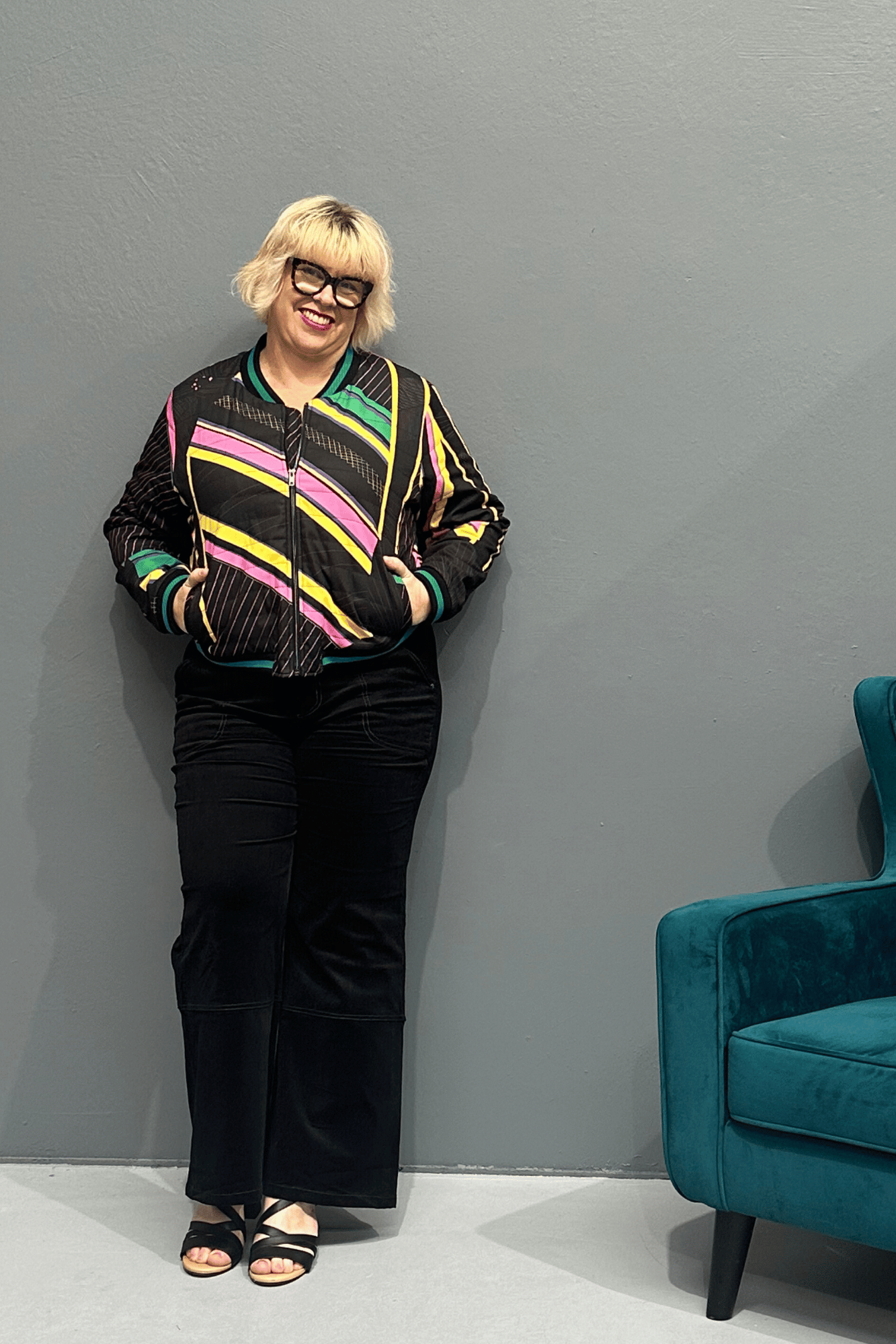 Retro 'HEART' bomber jacket with emerald sequinned heart, bamboo lining, and showerproof fabric, perfect for plus size women’s fashion.