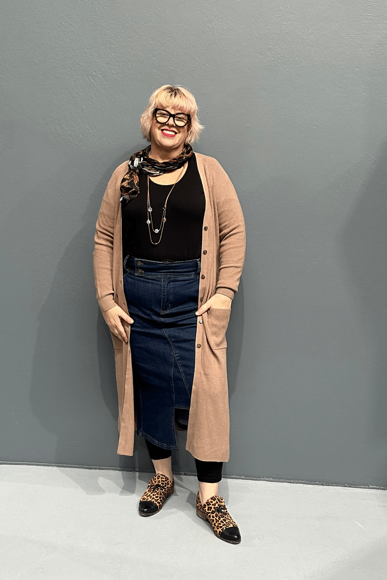 Lightweight, soft, breathable longline cardigan over jeans, perfect for plus size women’s clothing.