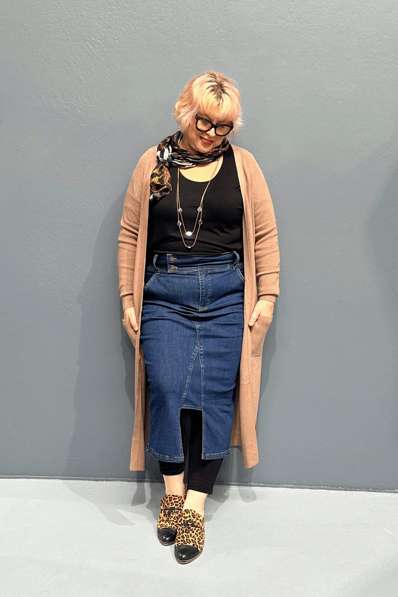 Lightweight, soft, breathable longline cardigan over jeans, perfect for plus size women’s clothing.