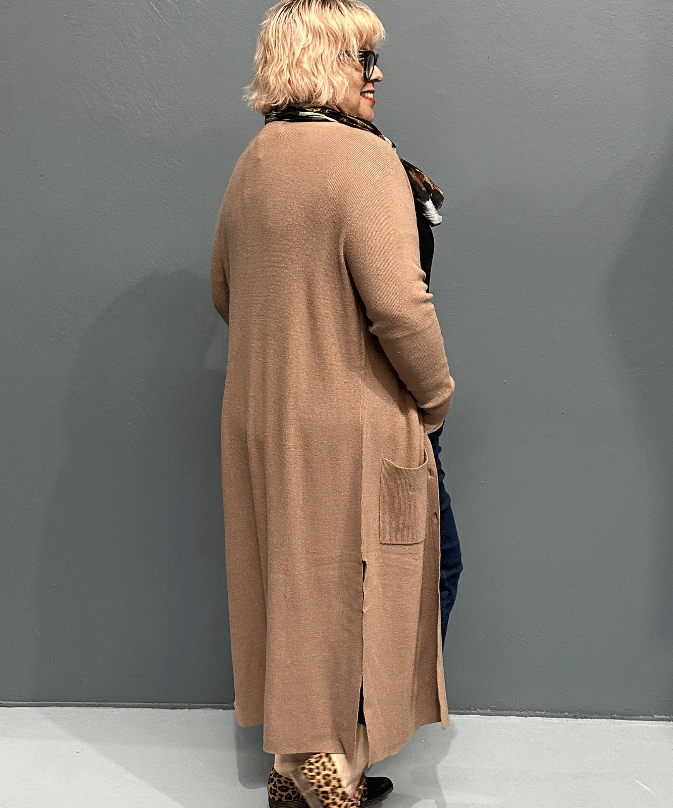Lightweight, soft, breathable longline cardigan over jeans, perfect for plus size women’s clothing.