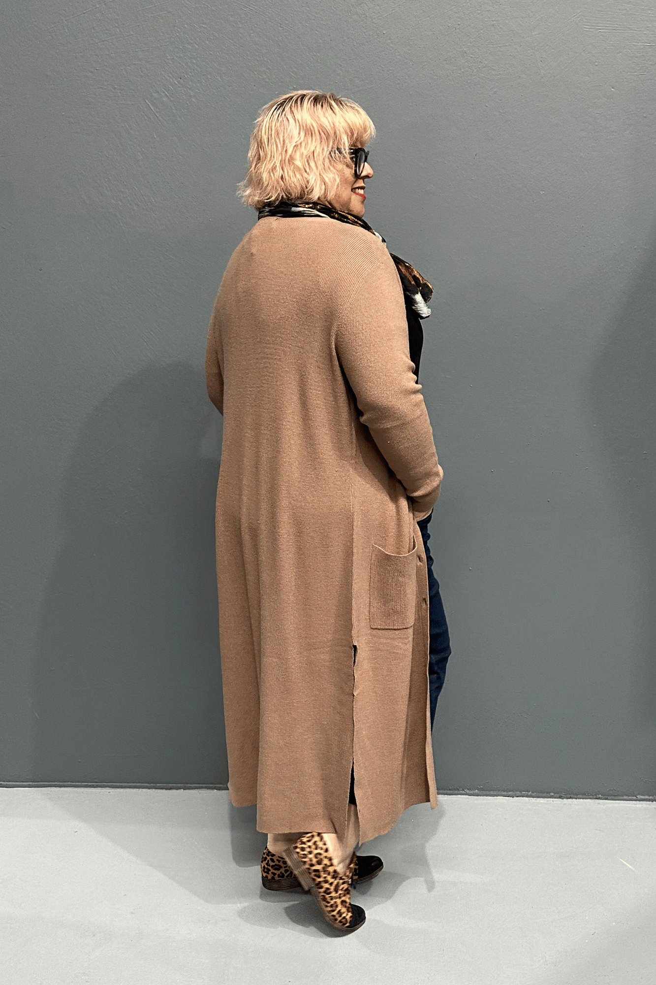 Lightweight, soft, breathable longline cardigan over jeans, perfect for plus size women’s clothing.