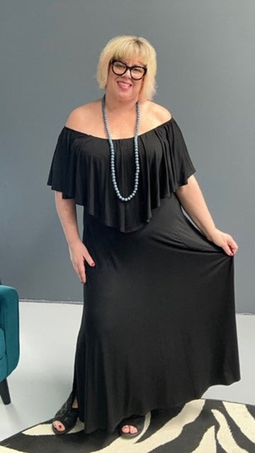 Plus-size black bamboo maxi dress with frill details, flowy fit.