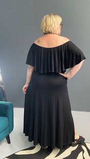 Plus-size black bamboo maxi dress with frill details, flowy fit.
