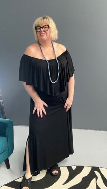 Plus-size black bamboo maxi dress with frill details, flowy fit.