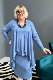 Plus-size French blue bamboo cardigan with a soft, flowy drape.
