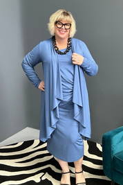 Plus-size French blue bamboo cardigan with a soft, flowy drape.