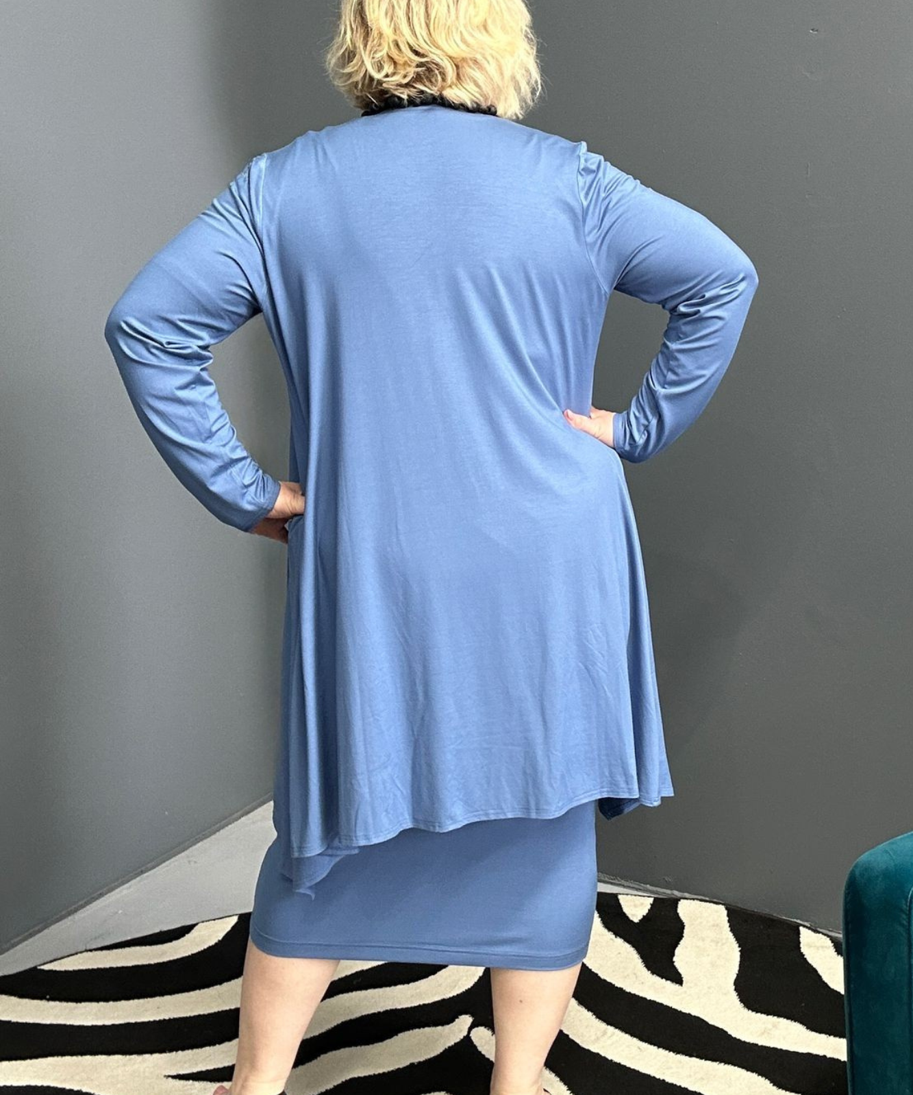 Plus-size French blue bamboo cardigan with a soft, flowy drape.