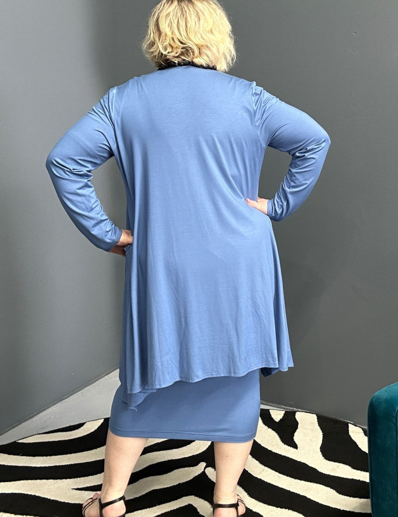 Plus-size French blue bamboo cardigan with a soft, flowy drape.