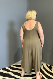 Plus-size khaki bamboo jumpsuit with a relaxed, flowy fit.
