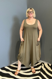 Plus-size khaki bamboo jumpsuit with a relaxed, flowy fit.