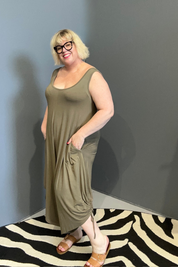 Plus-size khaki bamboo jumpsuit with a relaxed, flowy fit.