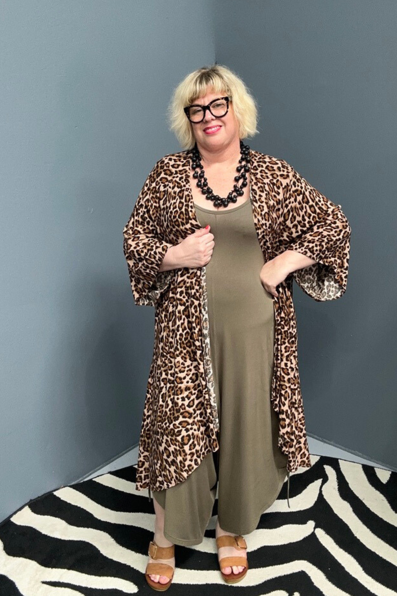 Plus-size khaki bamboo jumpsuit with a relaxed, flowy fit.