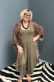 Plus-size khaki bamboo jumpsuit with a relaxed, flowy fit.