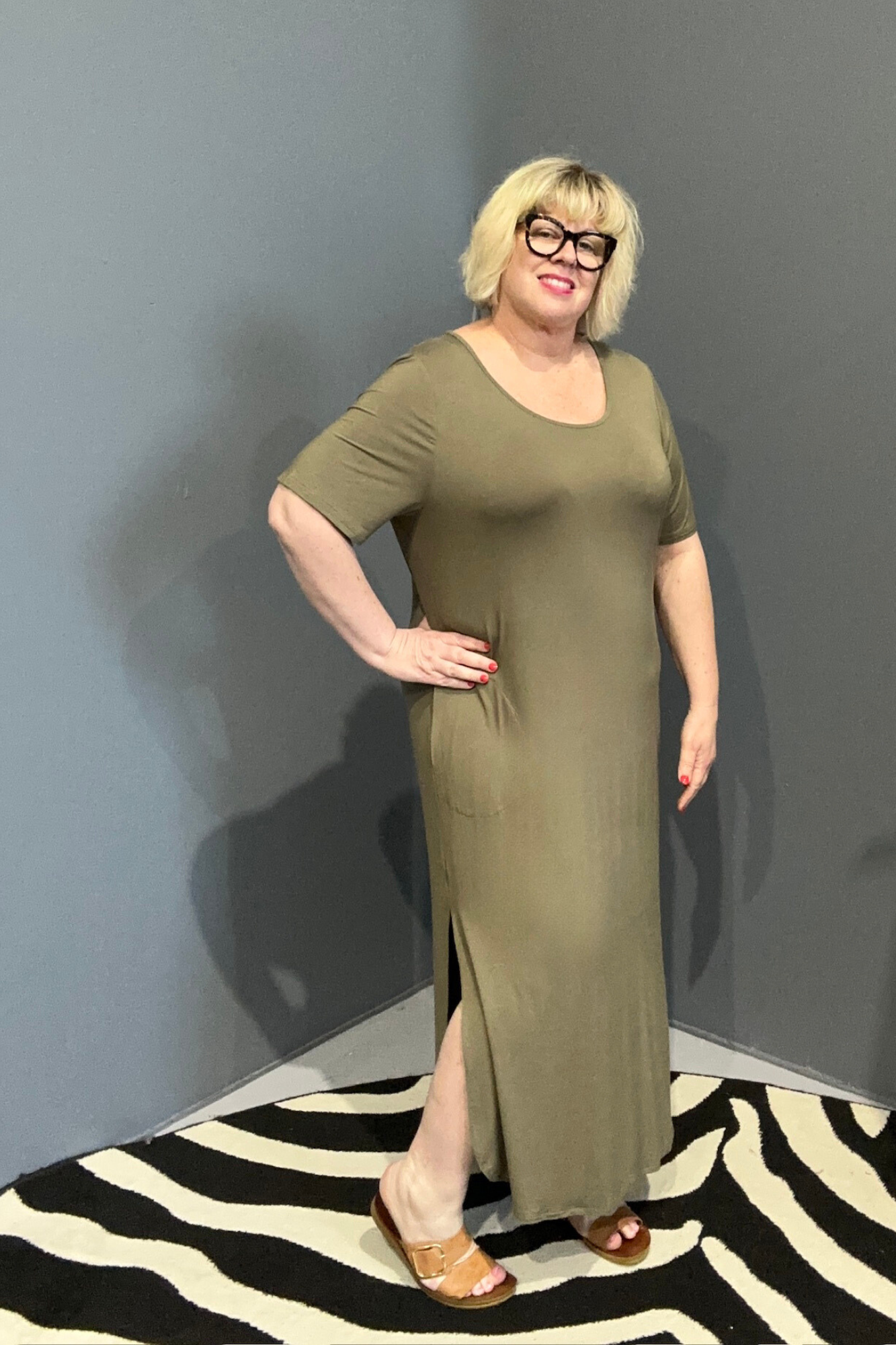Plus-size khaki bamboo maxi dress with a soft, flowy fit.