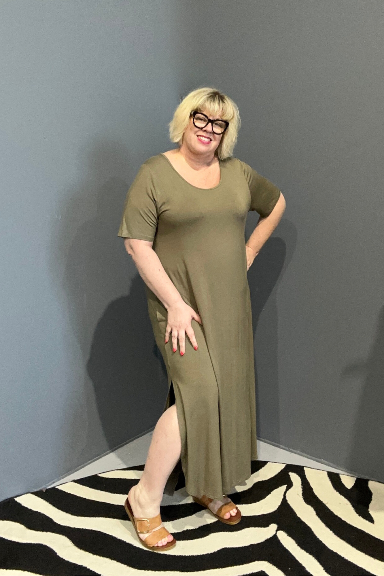 Plus-size khaki bamboo maxi dress with a soft, flowy fit.