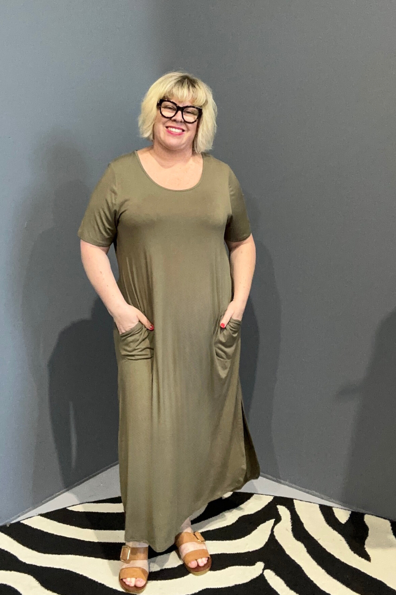Plus-size khaki bamboo maxi dress with a soft, flowy fit.