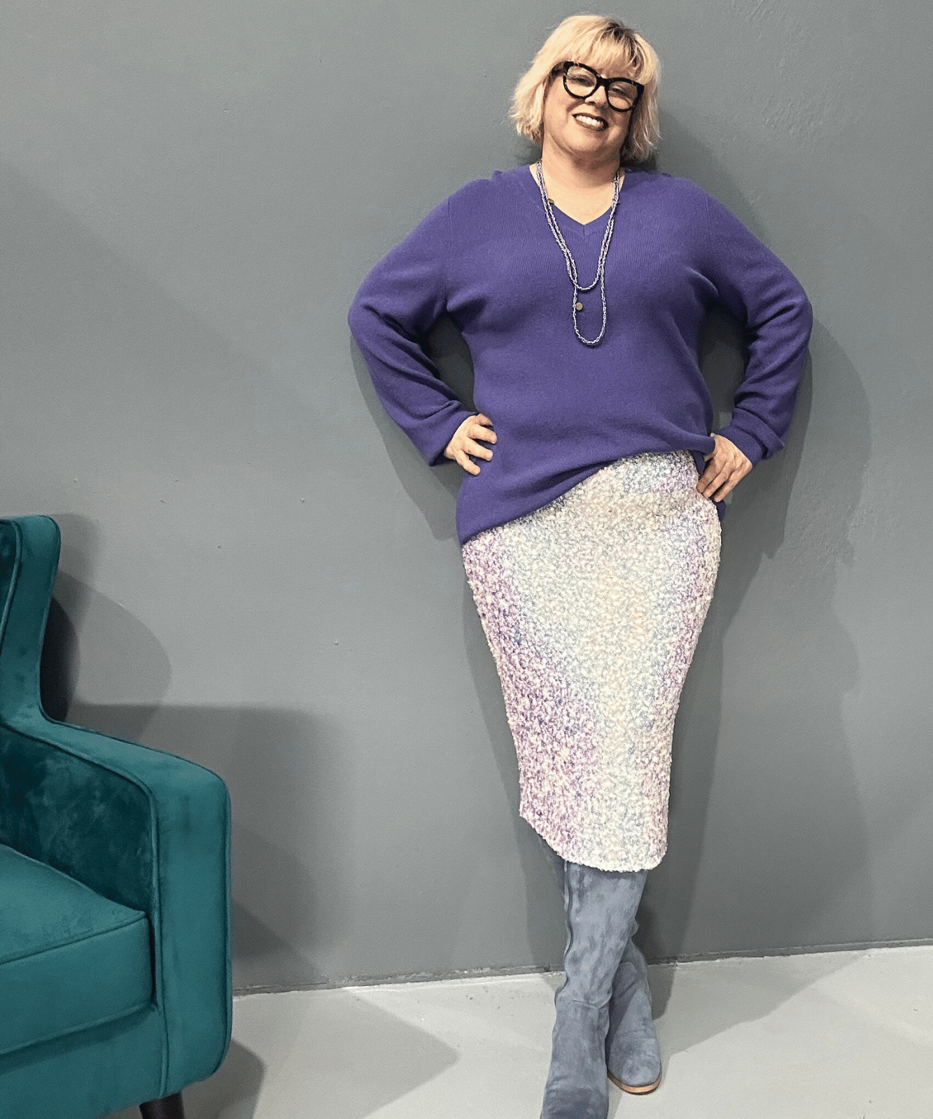 Iridescent sequin mid-calf skirt, stylish and playful, perfect for plus size clothing.
