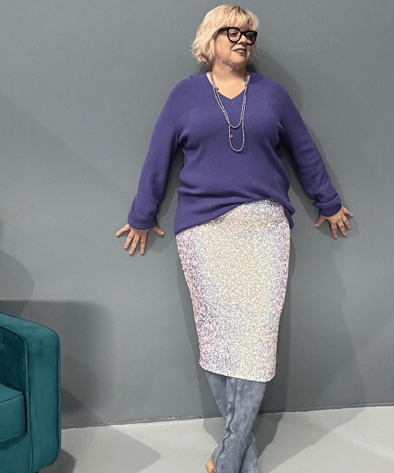 Iridescent sequin mid-calf skirt, stylish and playful, perfect for plus size clothing.