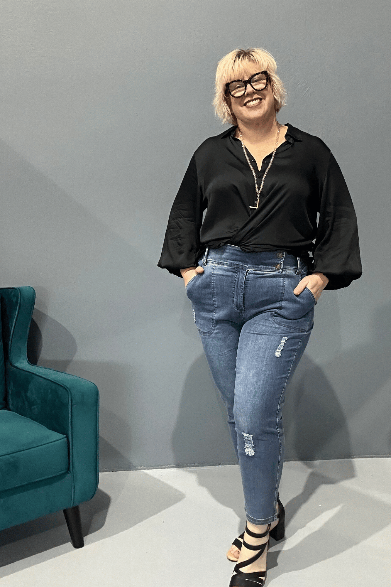 Slim-leg, high-waisted STELLA plus size jeans in distressed ultra-stretch denim for a flattering fit.