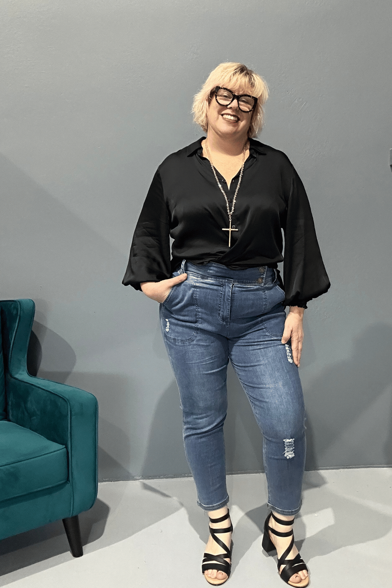 Slim-leg, high-waisted STELLA plus size jeans in distressed ultra-stretch denim for a flattering fit.